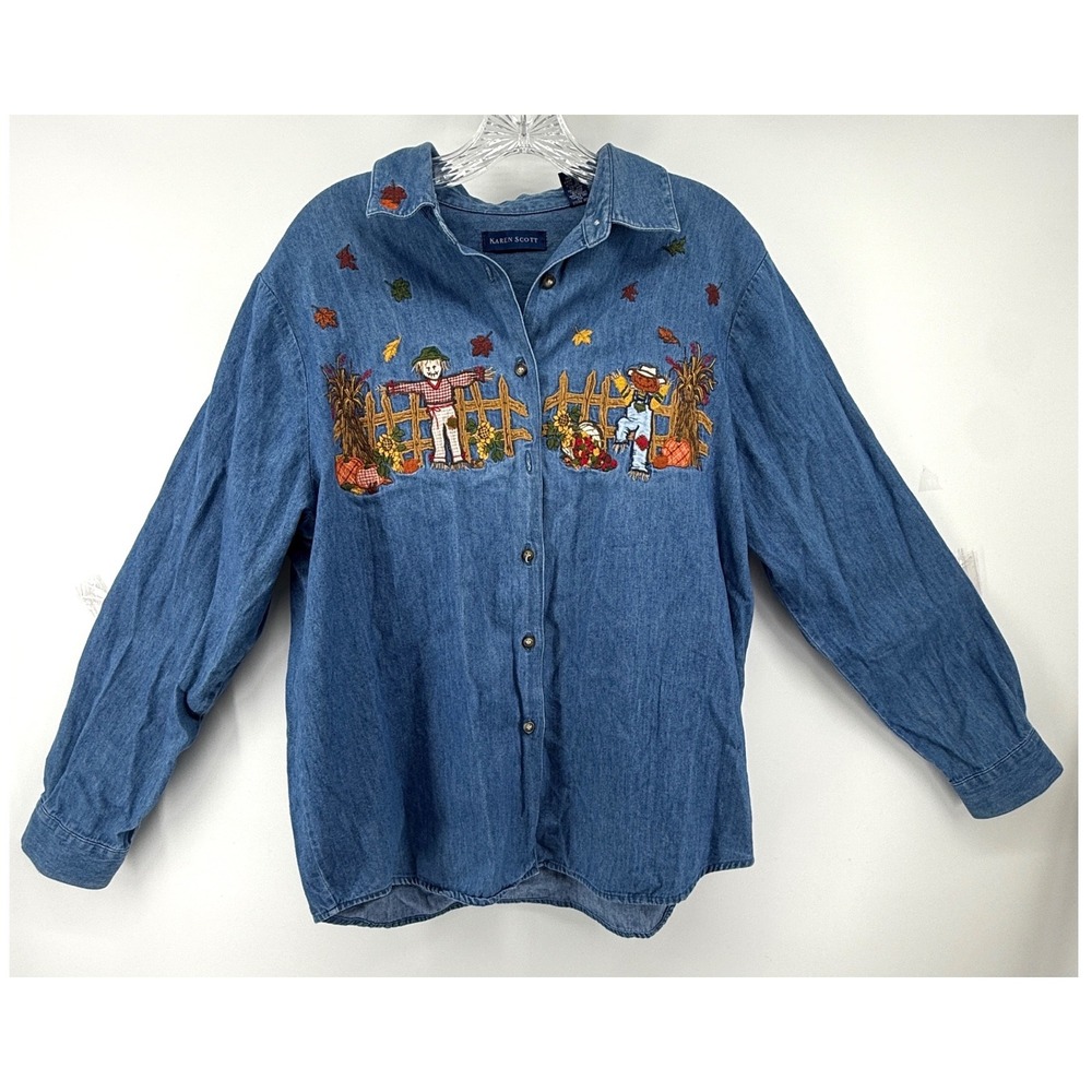 Karen Scott Womens L Denim Button Down Shirt Fall Scarecrow Harvest Embroidered